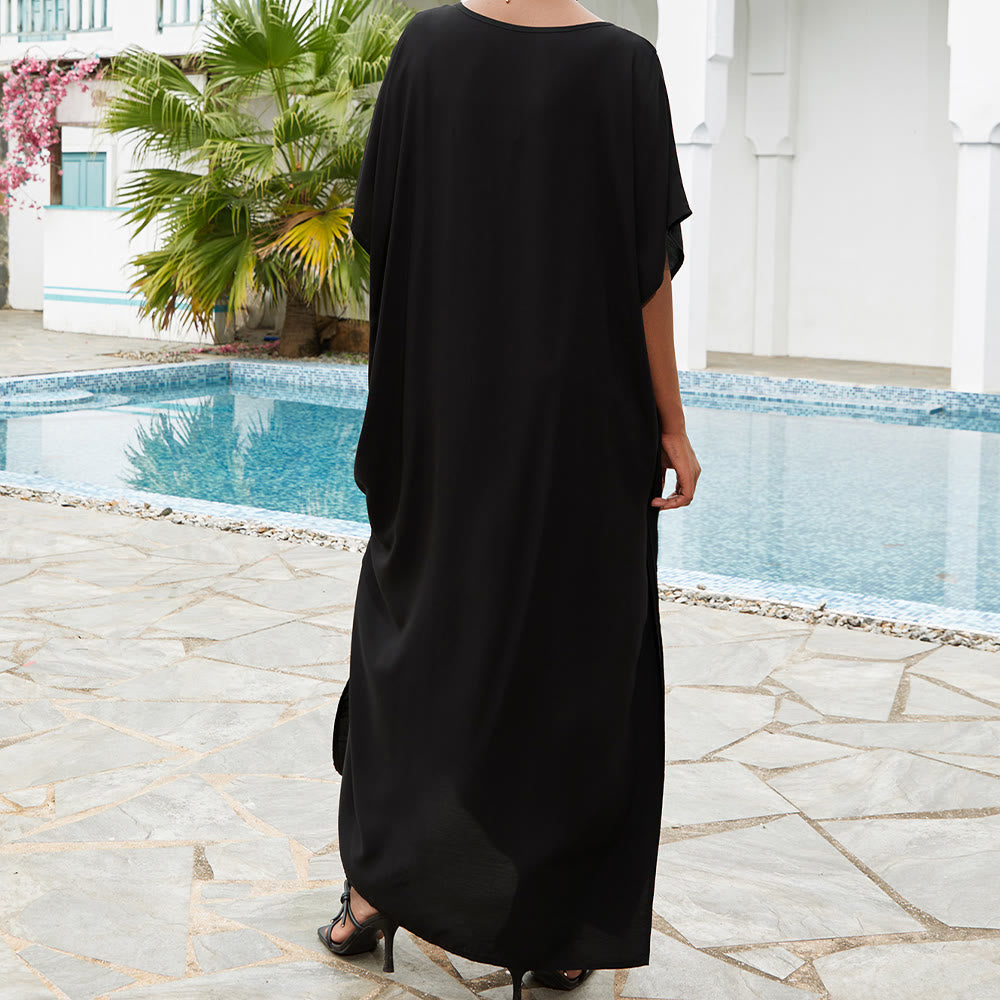 Abito caftano con fiori e uccelli ricamati in blusa da spiaggia Olivenorma