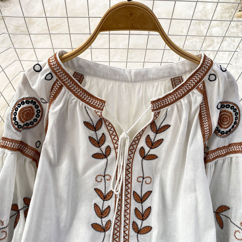 Camicia da donna Olivenorma Bohemia con maniche a lanterna ricamate