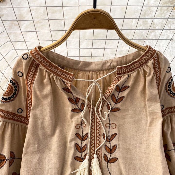 Camicia da donna Olivenorma Bohemia con maniche a lanterna ricamate - image 1