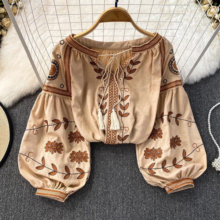 Camicia da donna Olivenorma Bohemia con maniche a lanterna ricamate