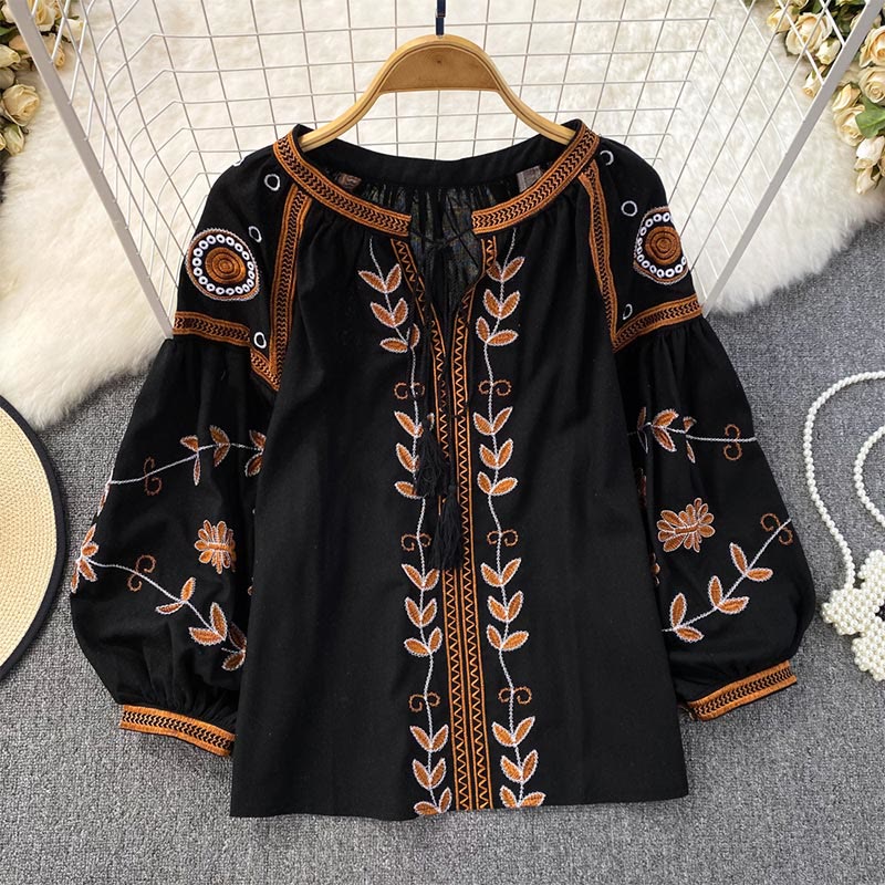 Camicia da donna Olivenorma Bohemia con maniche a lanterna ricamate