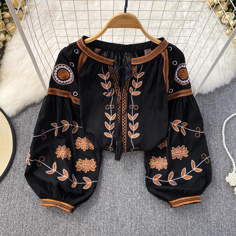 Camicia da donna Olivenorma Bohemia con maniche a lanterna ricamate
