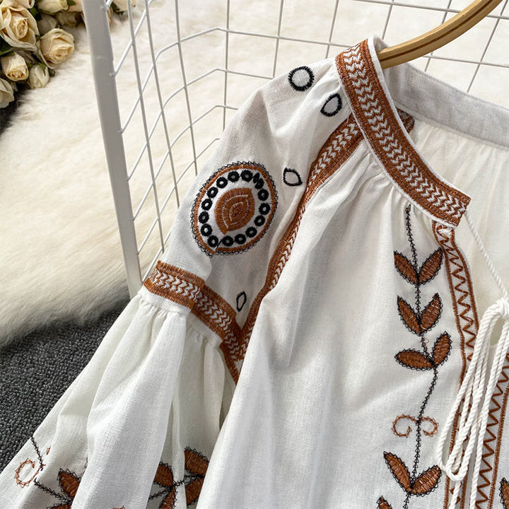 Camicia da donna Olivenorma Bohemia con maniche a lanterna ricamate