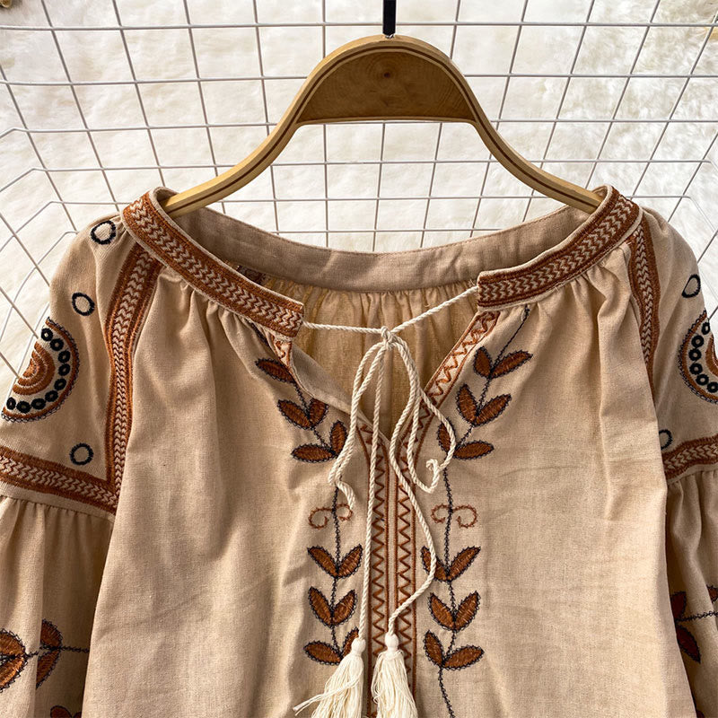 Camicia da donna Olivenorma Bohemia con maniche a lanterna ricamate