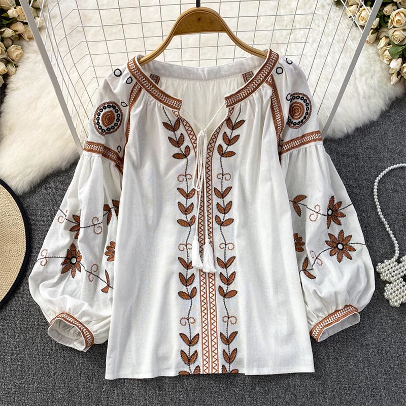 Camicia da donna Olivenorma Bohemia con maniche a lanterna ricamate