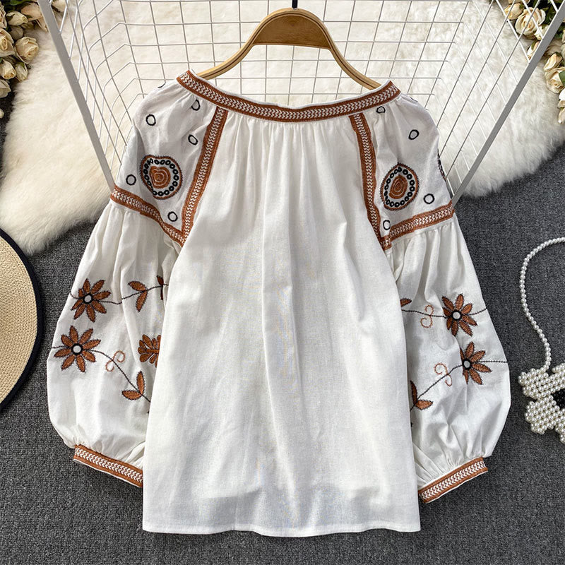 Camicia da donna Olivenorma Bohemia con maniche a lanterna ricamate