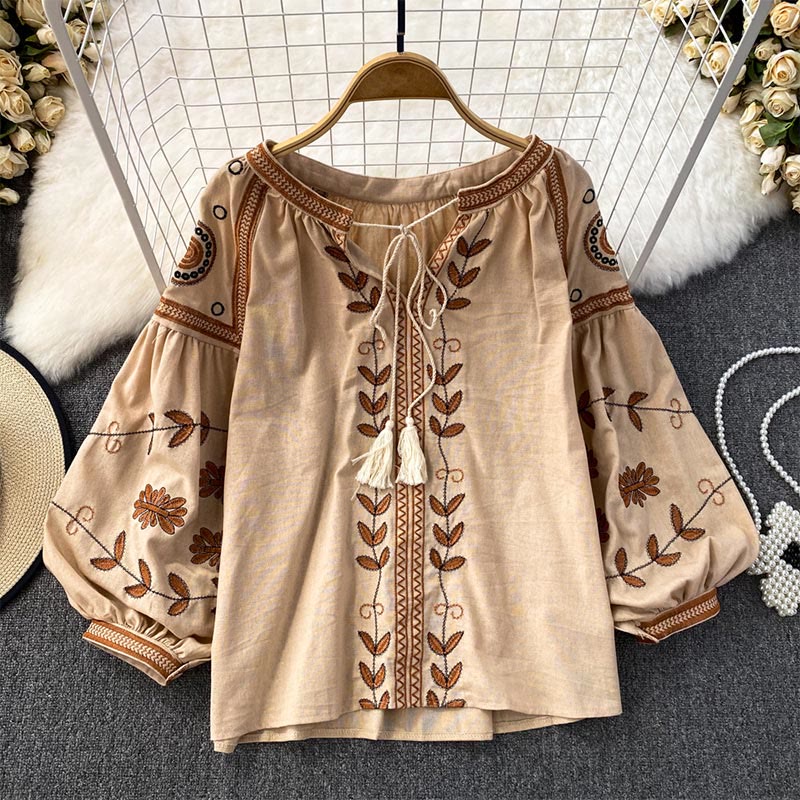 Camicia da donna Olivenorma Bohemia con maniche a lanterna ricamate - Cachi - Taglia unica - image 0