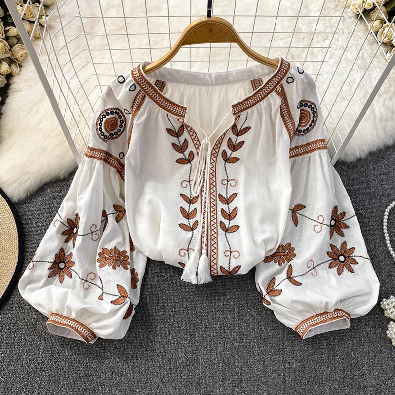 Camicia da donna Olivenorma Bohemia con maniche a lanterna ricamate