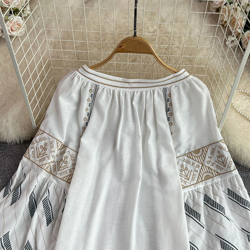 Camicia da donna Olivenorma con maniche a lanterna e ricamo geometrico totem