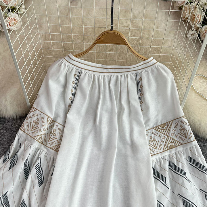 Camicia da donna Olivenorma con maniche a lanterna e ricamo geometrico totem