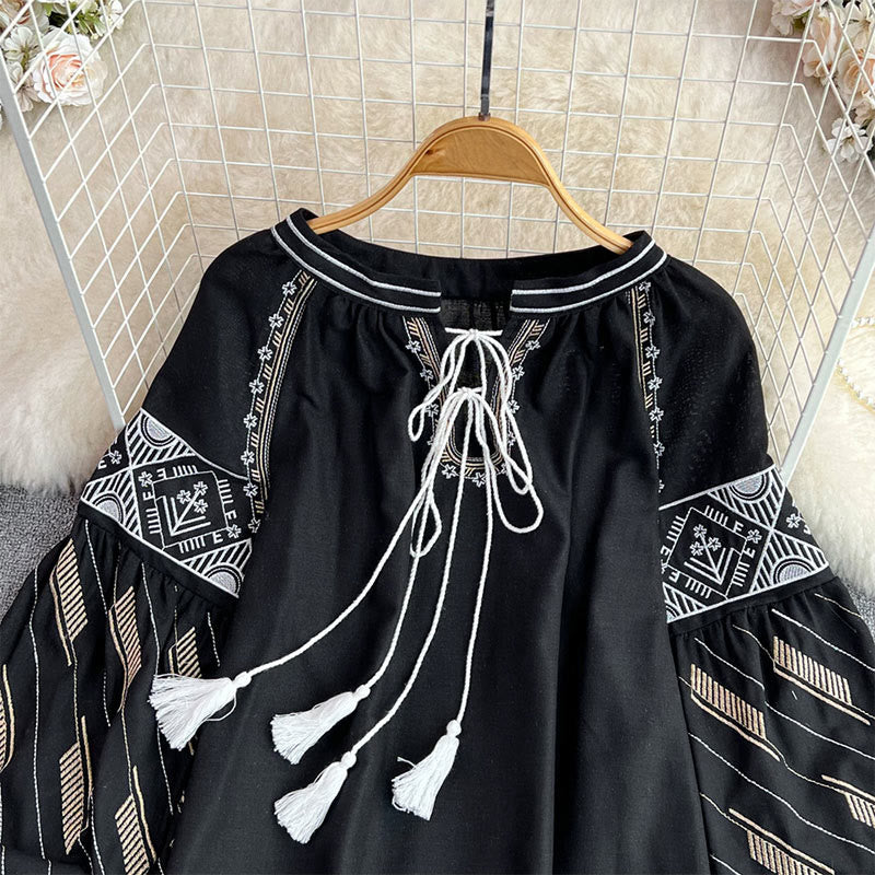 Camicia da donna Olivenorma con maniche a lanterna e ricamo geometrico totem