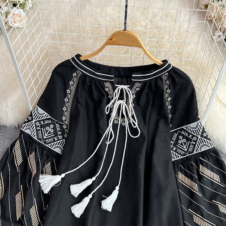 Camicia da donna Olivenorma con maniche a lanterna e ricamo geometrico totem