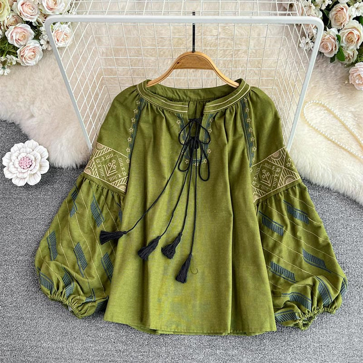 Camicia da donna Olivenorma con maniche a lanterna e ricamo geometrico totem
