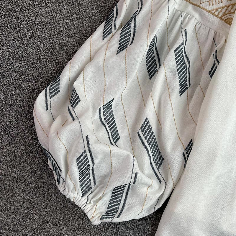 Camicia da donna Olivenorma con maniche a lanterna e ricamo geometrico totem