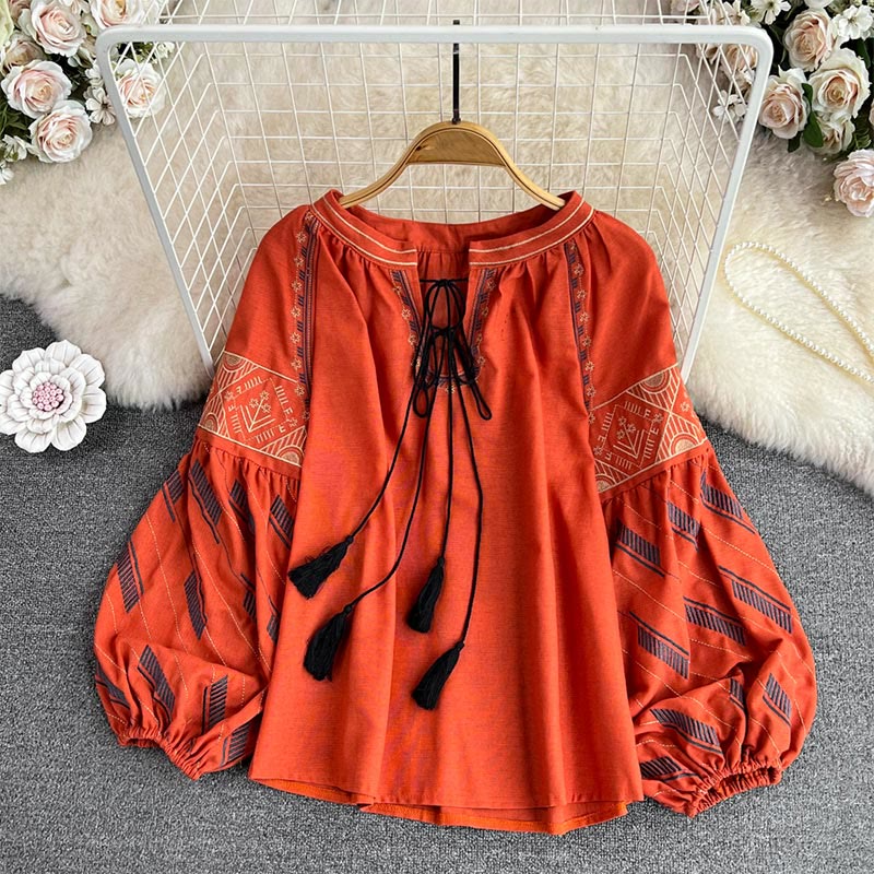 Camicia da donna Olivenorma con maniche a lanterna e ricamo geometrico totem - Arancia - Taglia unica - image 16