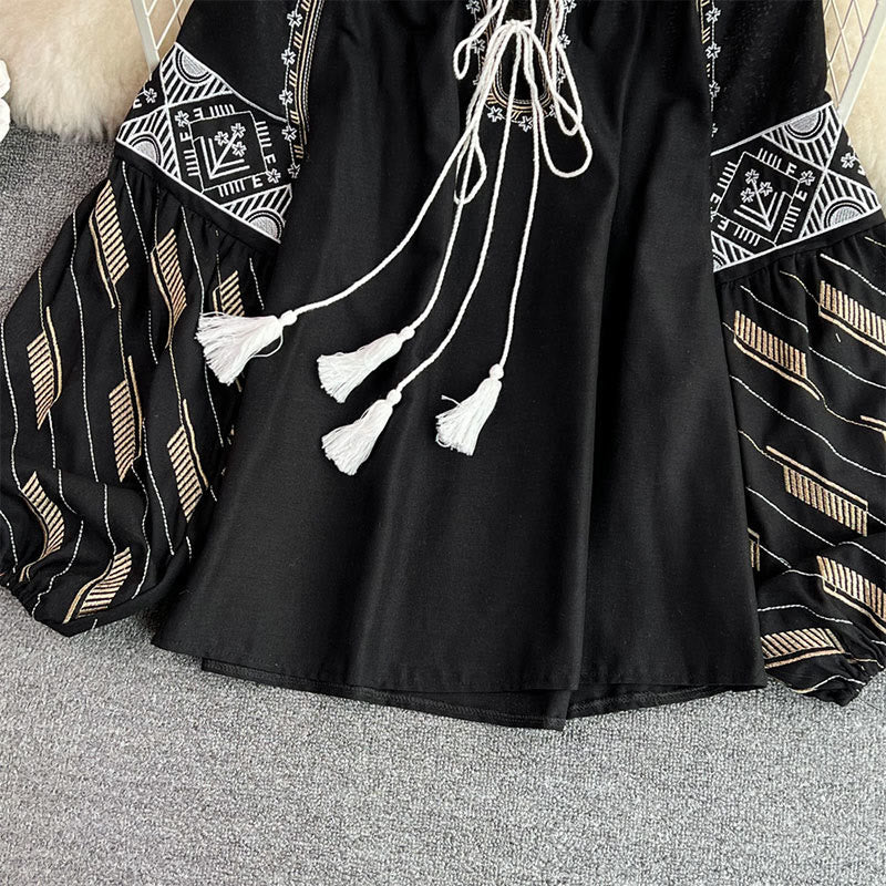 Camicia da donna Olivenorma con maniche a lanterna e ricamo geometrico totem