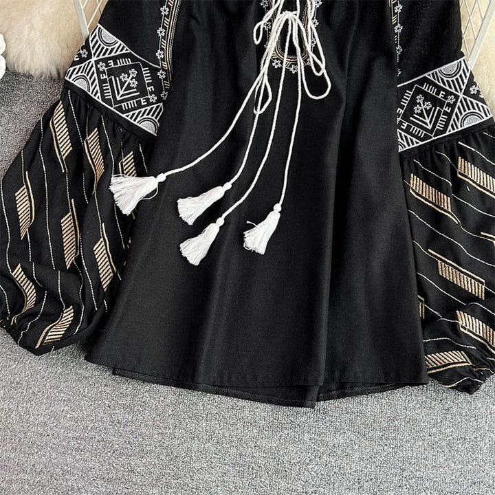 Camicia da donna Olivenorma con maniche a lanterna e ricamo geometrico totem