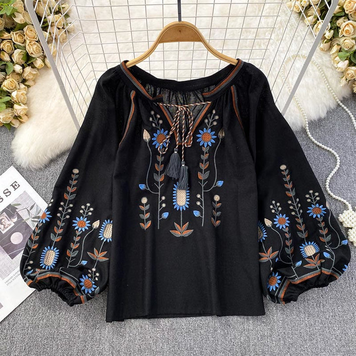 Camicia da donna Olivenorma con maniche a lanterna e ricamo floreale pastorale