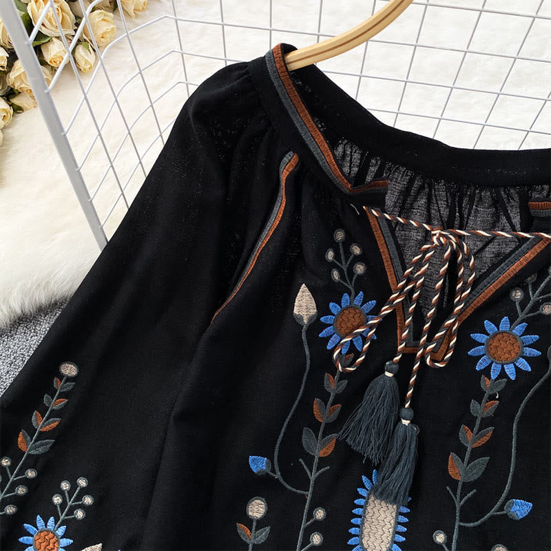 Camicia da donna Olivenorma con maniche a lanterna e ricamo floreale pastorale