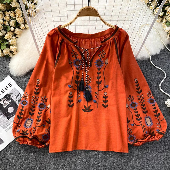 Camicia da donna Olivenorma con maniche a lanterna e ricamo floreale pastorale