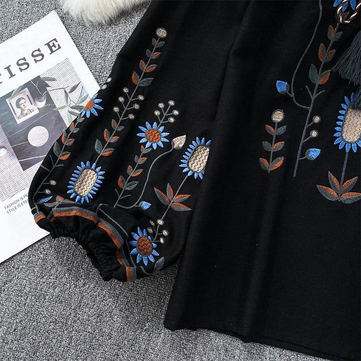 Camicia da donna Olivenorma con maniche a lanterna e ricamo floreale pastorale