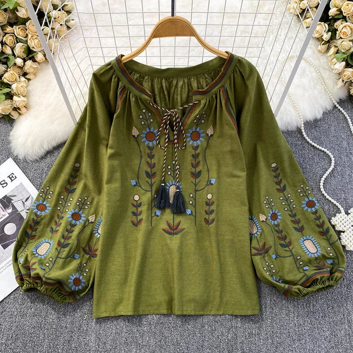 Camicia da donna Olivenorma con maniche a lanterna e ricamo floreale pastorale
