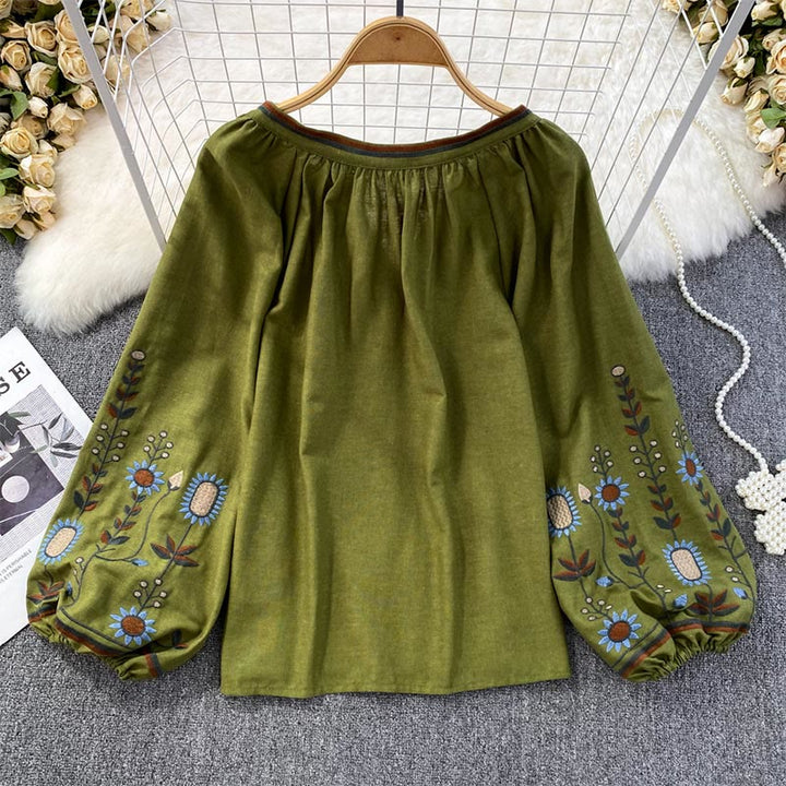 Camicia da donna Olivenorma con maniche a lanterna e ricamo floreale pastorale
