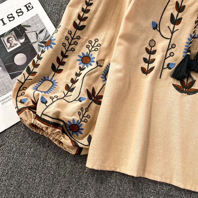 Camicia da donna Olivenorma con maniche a lanterna e ricamo floreale pastorale