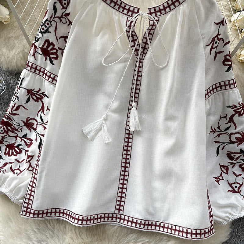 Camicia da donna Olivenorma con maniche a lanterna e ricamo floreale vintage - image 2
