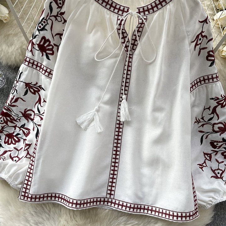 Camicia da donna Olivenorma con maniche a lanterna e ricamo floreale vintage - image 2