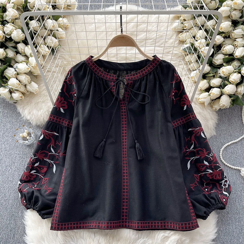 Camicia da donna Olivenorma con maniche a lanterna e ricamo floreale vintage - Nero - Taglia unica - image 13