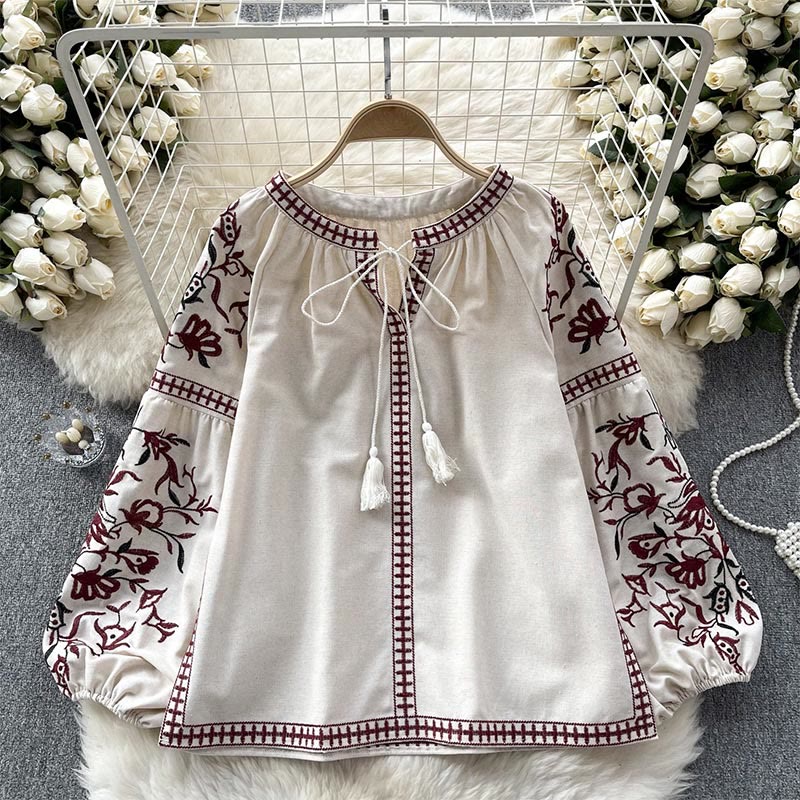 Camicia da donna Olivenorma con maniche a lanterna e ricamo floreale vintage - Albicocca - Taglia unica - image 4