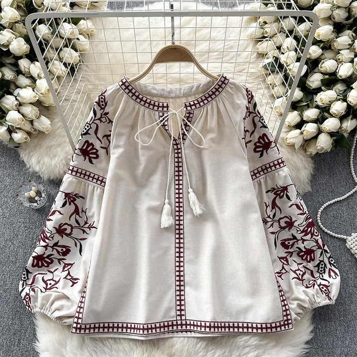 Camicia da donna Olivenorma con maniche a lanterna e ricamo floreale vintage - Albicocca - Taglia unica - image 4