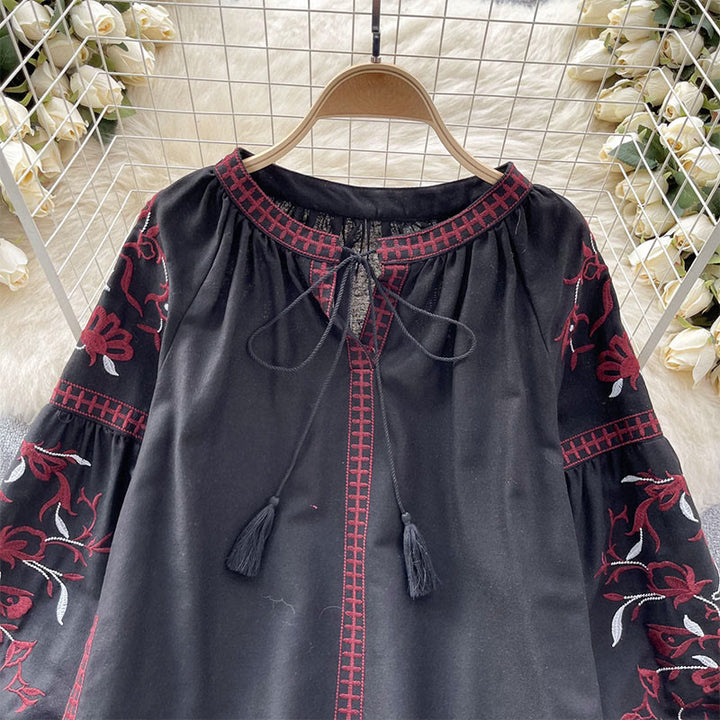 Camicia da donna Olivenorma con maniche a lanterna e ricamo floreale vintage - image 14