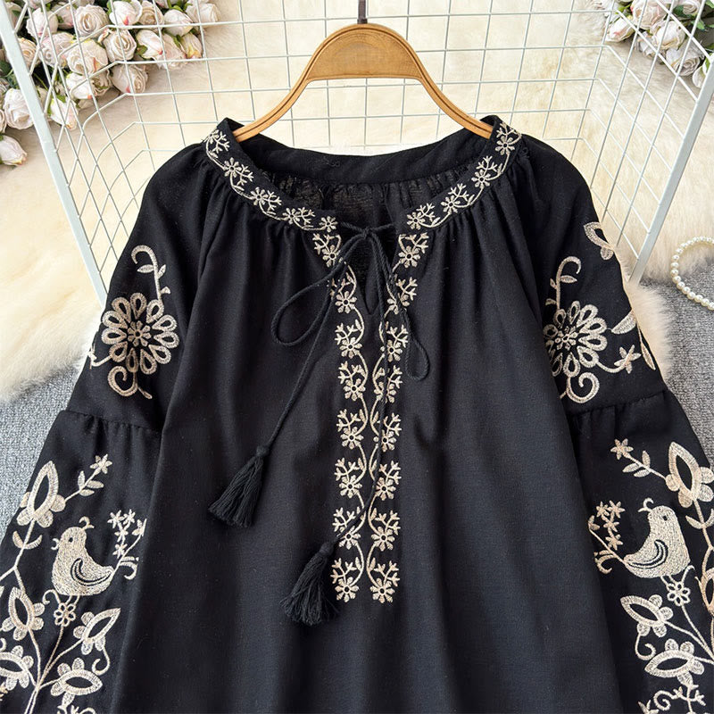 Camicia da donna Olivenorma con maniche a lanterna e ricamo di fiori e uccelli