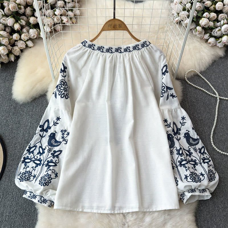 Camicia da donna Olivenorma con maniche a lanterna e ricamo di fiori e uccelli - image 1