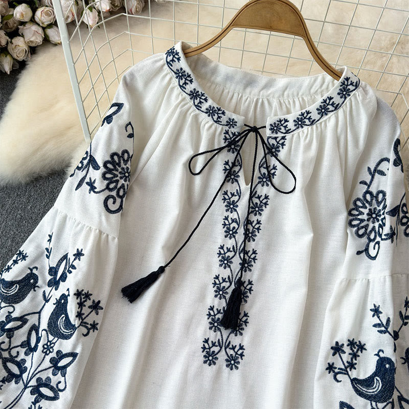 Camicia da donna Olivenorma con maniche a lanterna e ricamo di fiori e uccelli