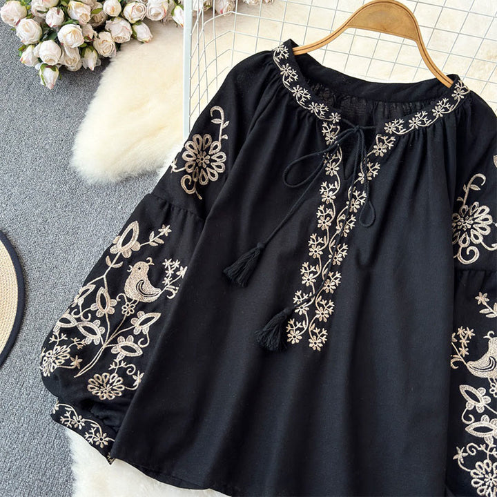 Camicia da donna Olivenorma con maniche a lanterna e ricamo di fiori e uccelli