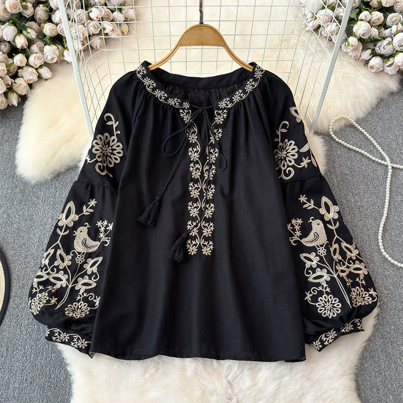 Camicia da donna Olivenorma con maniche a lanterna e ricamo di fiori e uccelli