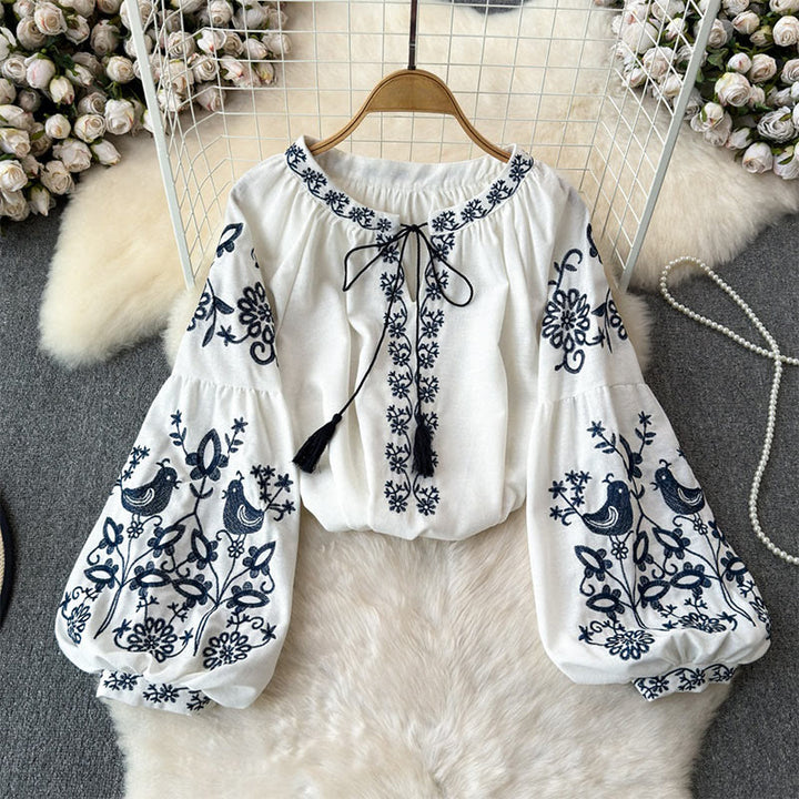 Camicia da donna Olivenorma con maniche a lanterna e ricamo di fiori e uccelli - image 4