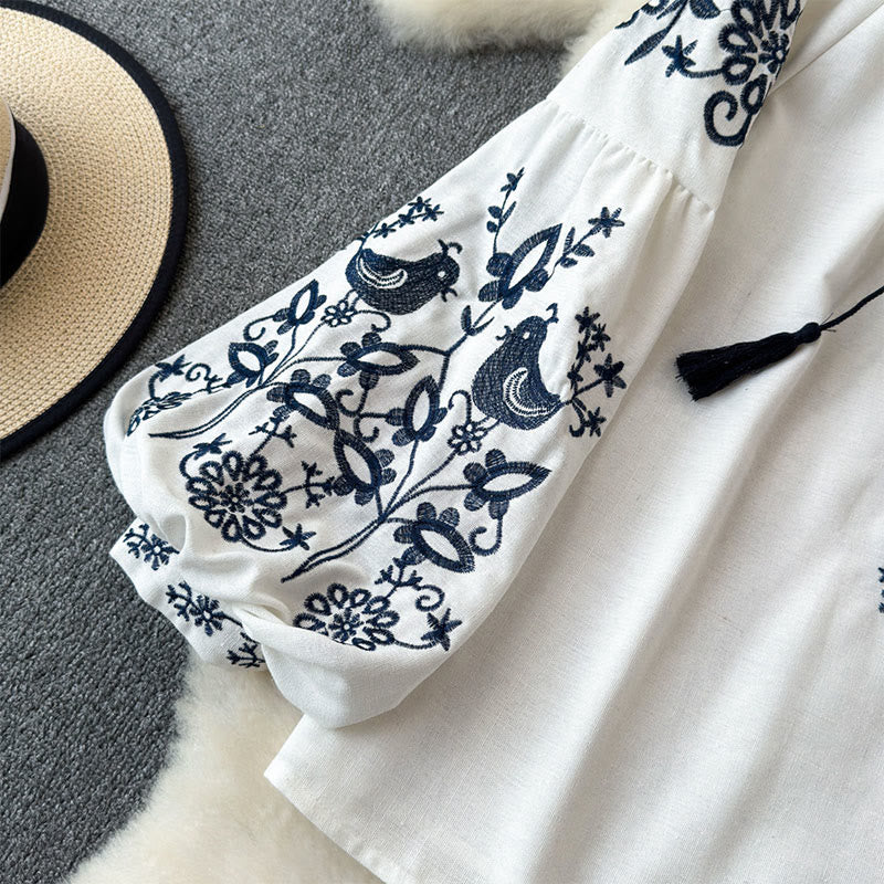 Camicia da donna Olivenorma con maniche a lanterna e ricamo di fiori e uccelli - image 3