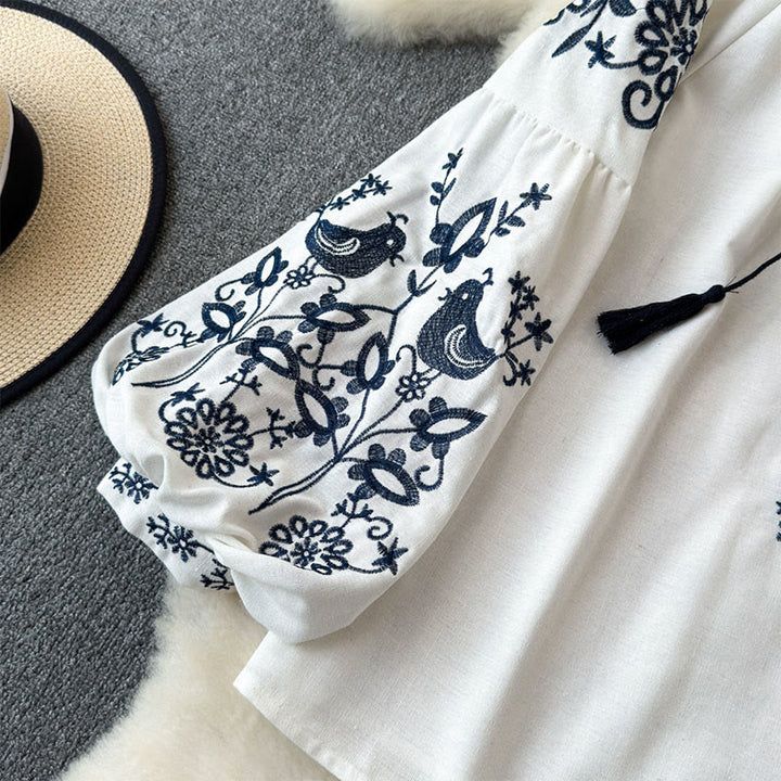 Camicia da donna Olivenorma con maniche a lanterna e ricamo di fiori e uccelli - image 3