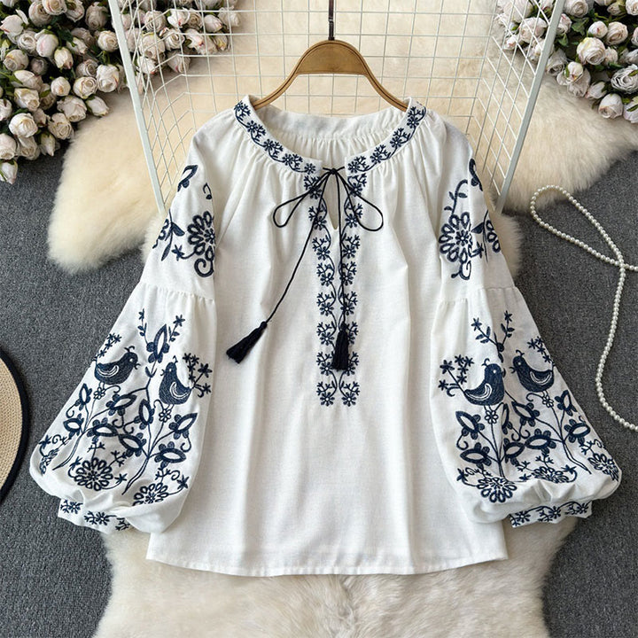 Camicia da donna Olivenorma con maniche a lanterna e ricamo di fiori e uccelli