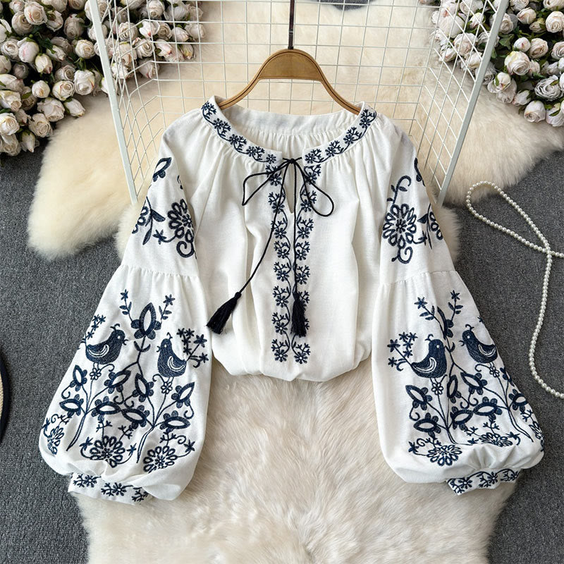 Camicia da donna Olivenorma con maniche a lanterna e ricamo di fiori e uccelli