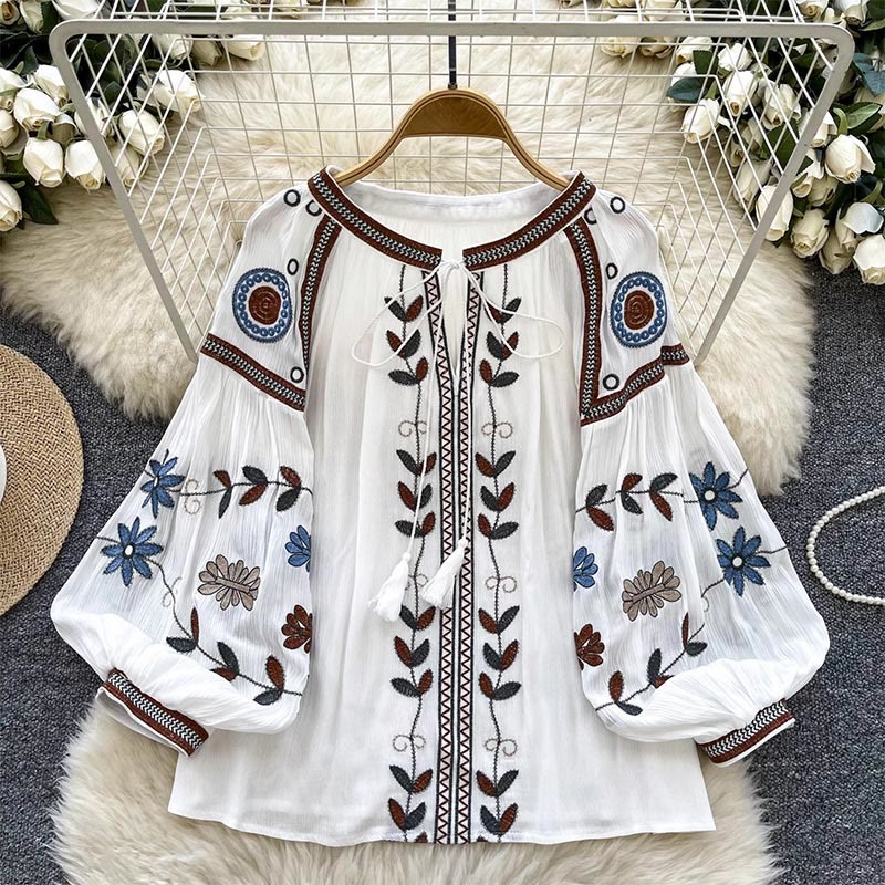 Camicia da donna Olivenorma con ricamo in stile vintage europeo