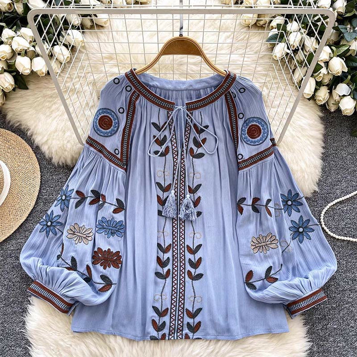 Camicia da donna Olivenorma con ricamo in stile vintage europeo