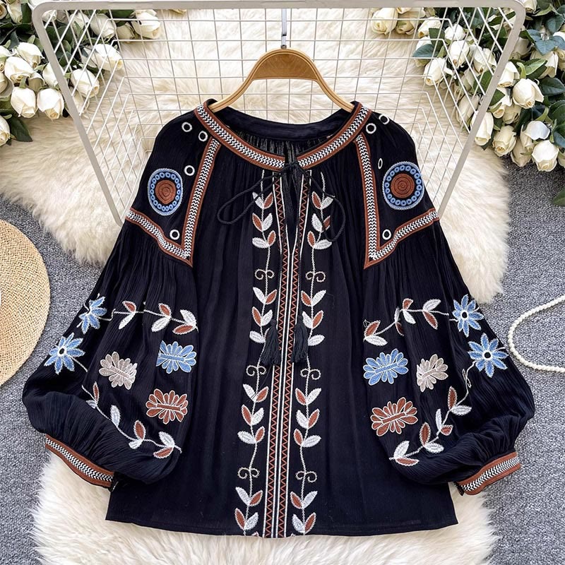 Camicia da donna Olivenorma con ricamo in stile vintage europeo