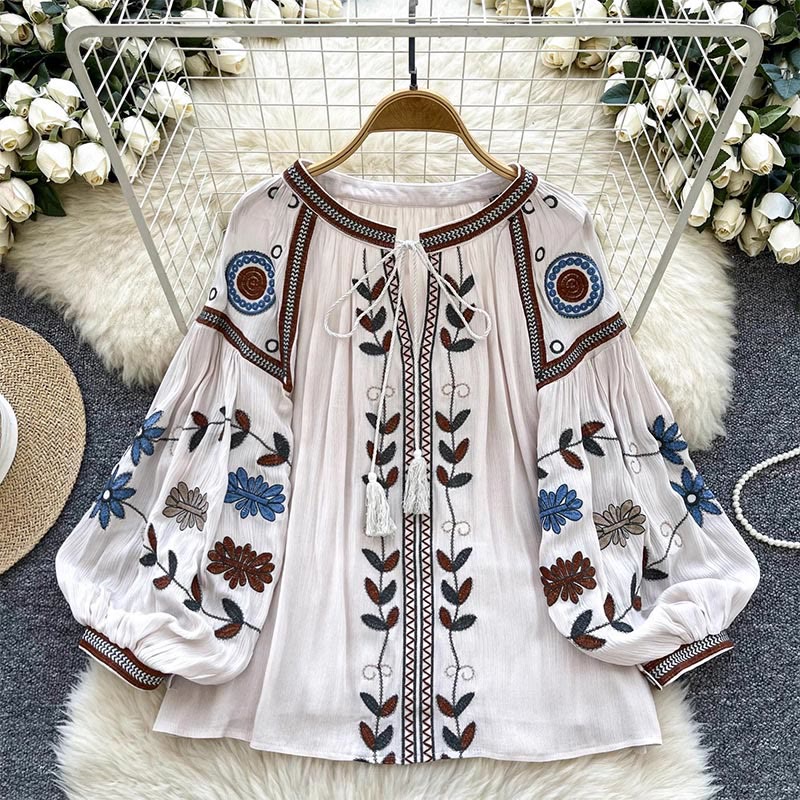 Camicia da donna Olivenorma con ricamo in stile vintage europeo