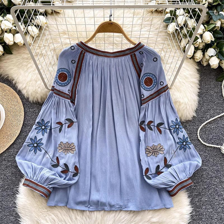 Camicia da donna Olivenorma con ricamo in stile vintage europeo