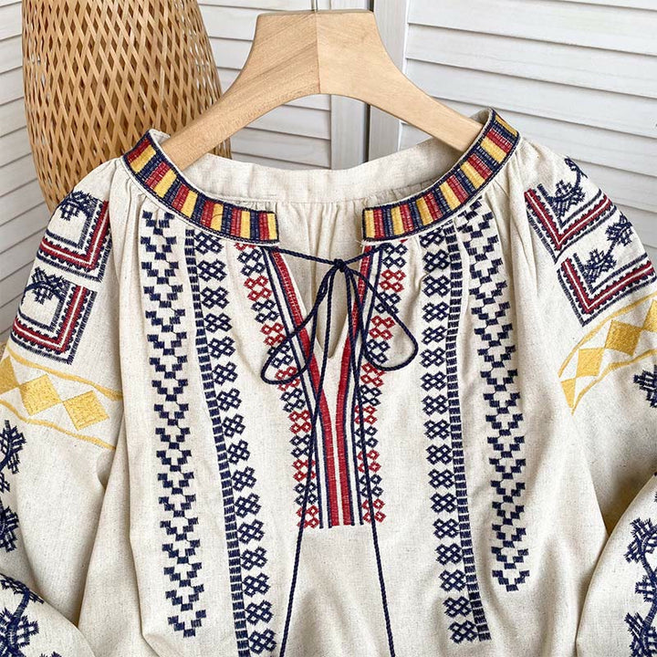 Camicia da donna Olivenorma con maniche a lanterna e ricamo in stile bohémien